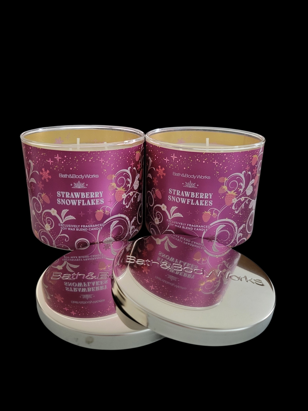 2pc Bath & Body Works Strawberry Snowflakes 3-Wick Candles - NEW!!